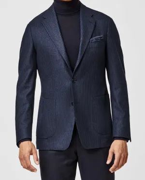 Milior Dark Blue Stretch Merino Wool & Cashmere Blend with Subtle Stripe