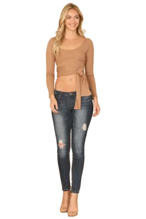 Mocha Scoop Neck Long Sleeve Twist Side Tie Ribbed Crop Top - Pack of 5