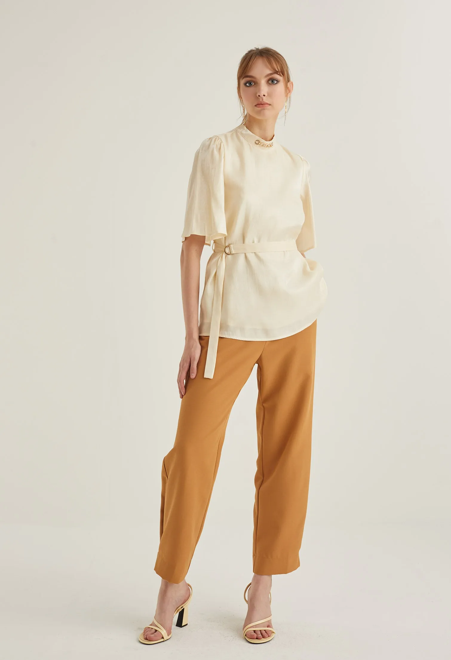 Mock Neck Belted Blouse