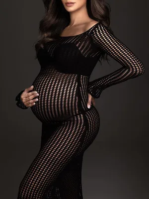 Momnfancy Elegant Black Crochet Knitwear Cutout Transparent Babyshower Maternity Photoshoot Maxi Dress