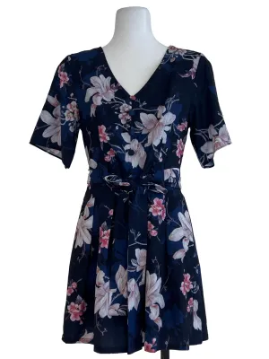 Navy Blue V Neck Floral Romper