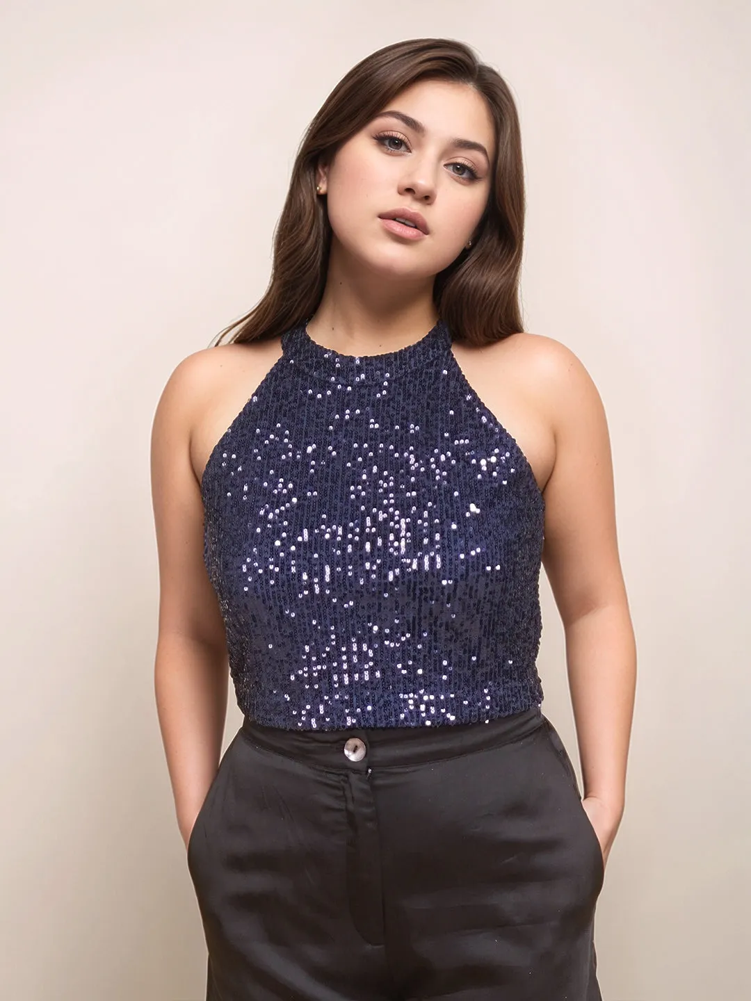 Navy Embellished Sleeveless Crop Top