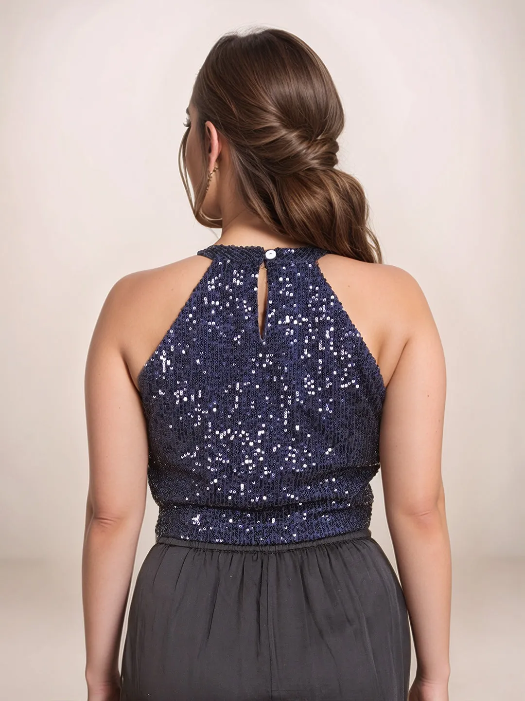 Navy Embellished Sleeveless Crop Top