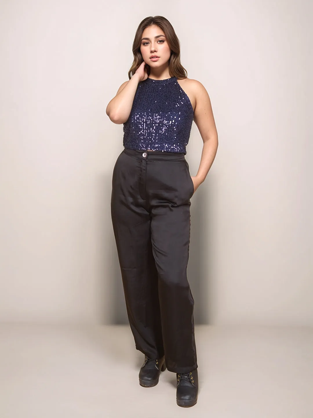 Navy Embellished Sleeveless Crop Top