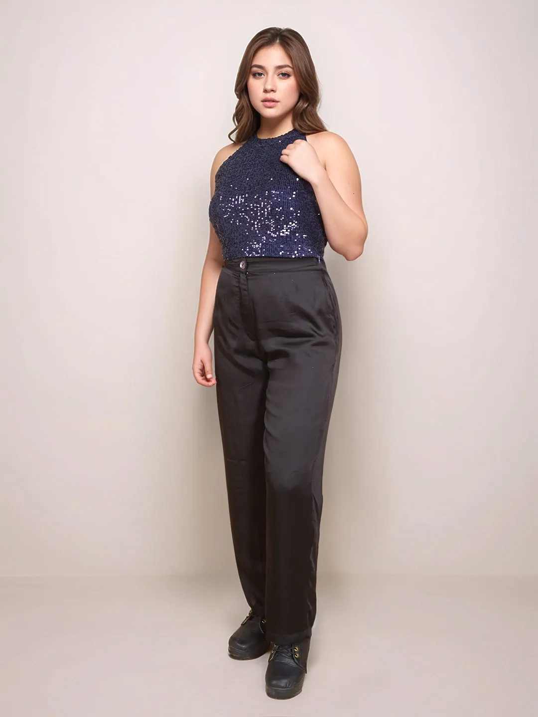 Navy Embellished Sleeveless Crop Top