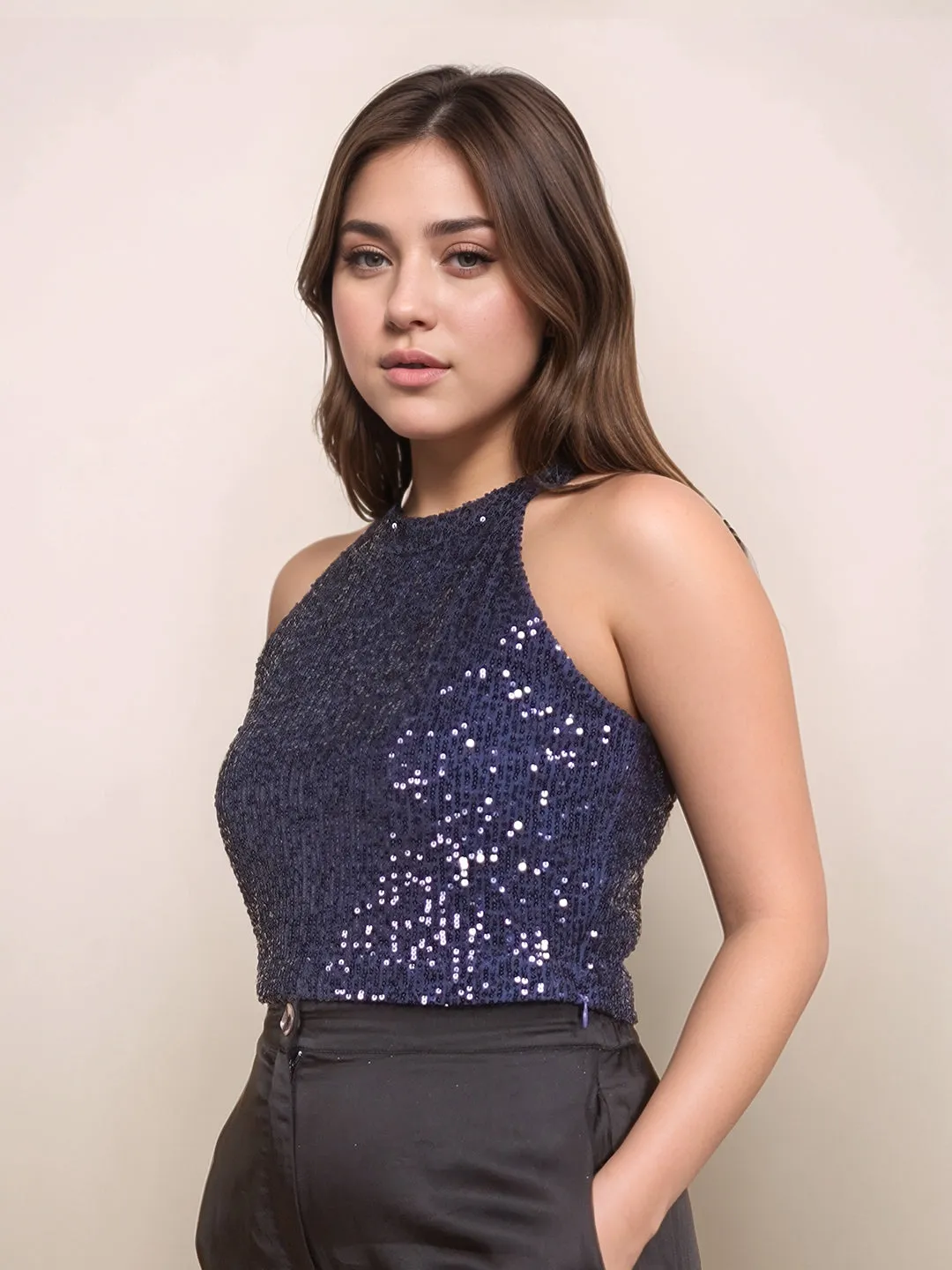 Navy Embellished Sleeveless Crop Top