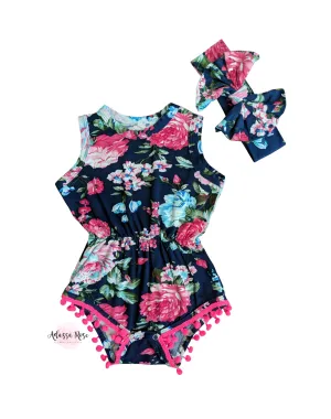 Navy Pom Pom Romper And Messy Headband Set