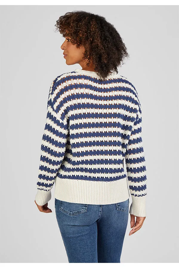 NAVY STRIPED CROCHET SWEATER
