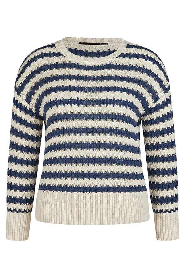 NAVY STRIPED CROCHET SWEATER