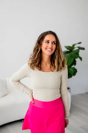Oat Milk Slim Fit Scoop Neck Long Sleeve Top