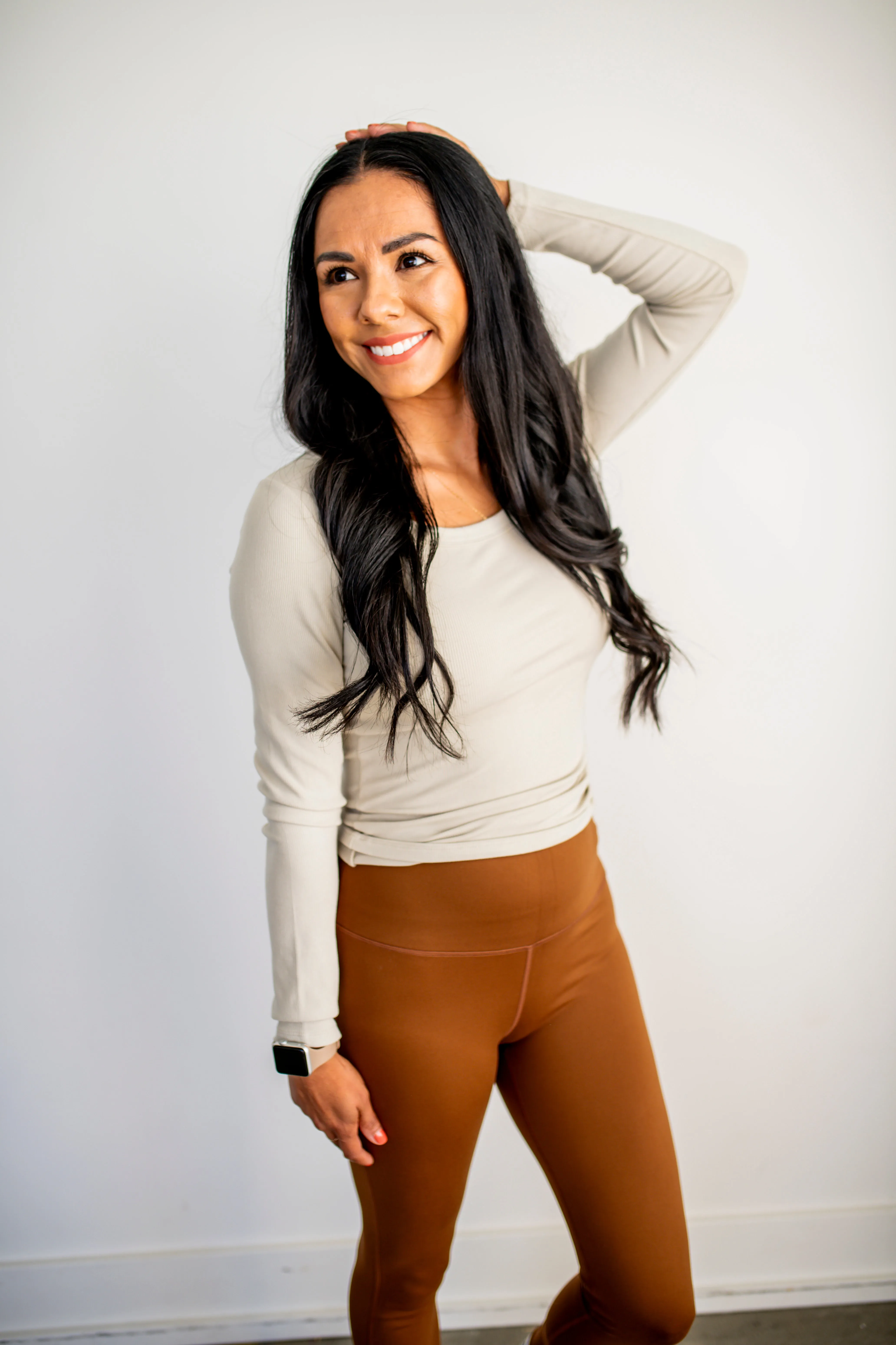 Oat Milk Slim Fit Scoop Neck Long Sleeve Top