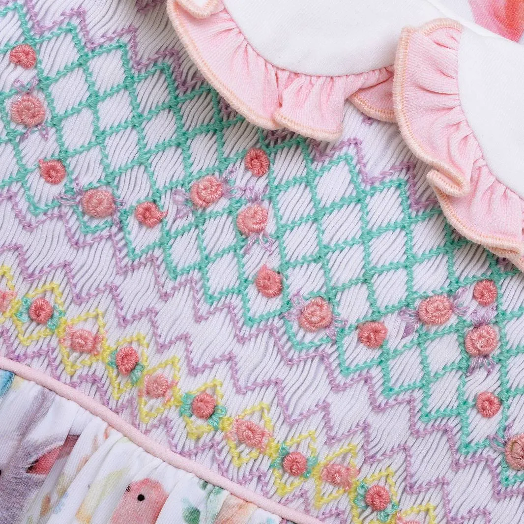 Ocean Baby Girls Smocked Floral Bunny & Birds Sleepsuit & Headband Set (NB-18M)