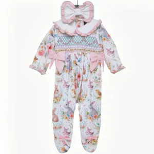 Ocean Baby Girls Smocked Floral Bunny & Birds Sleepsuit & Headband Set (NB-18M)