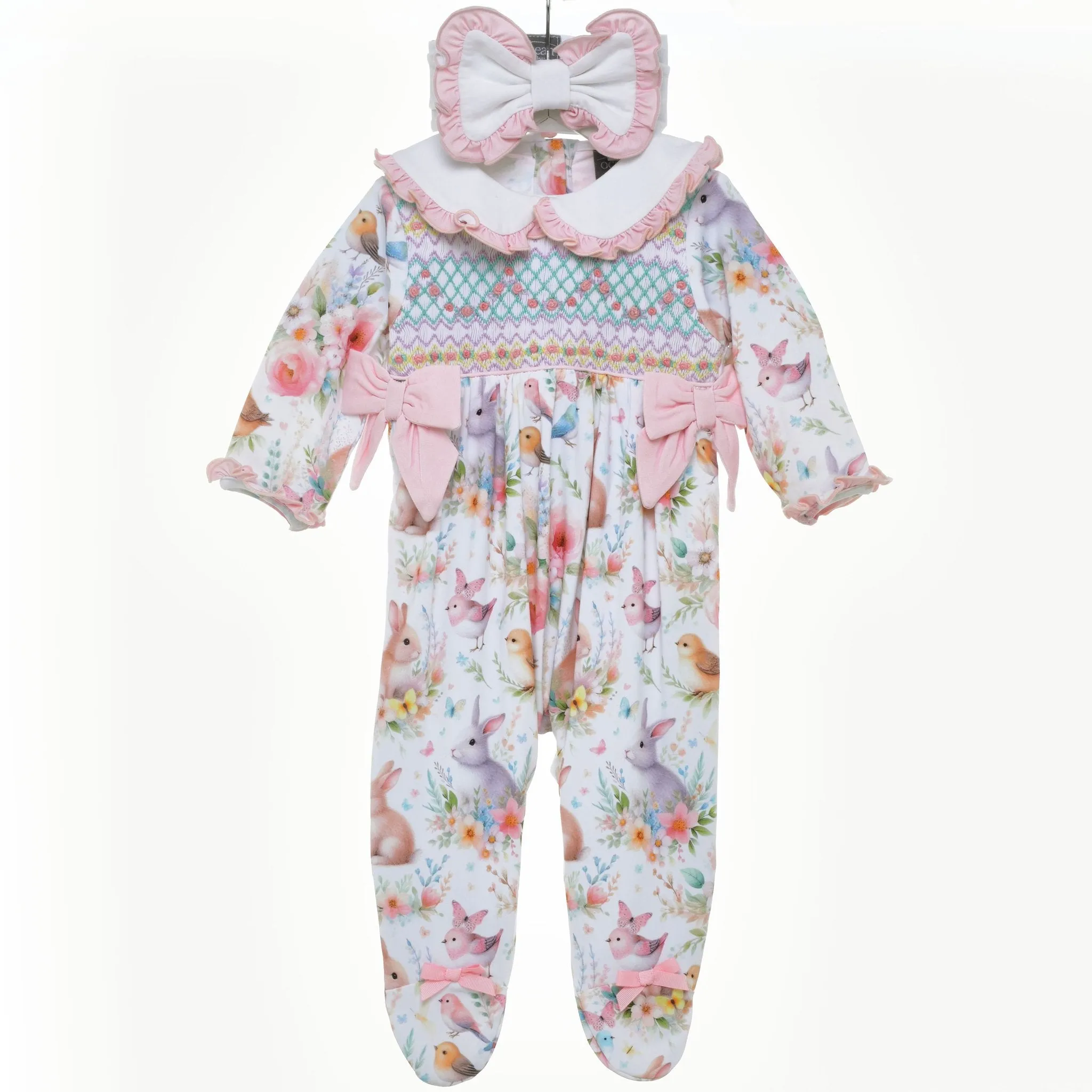 Ocean Baby Girls Smocked Floral Bunny & Birds Sleepsuit & Headband Set (NB-18M)
