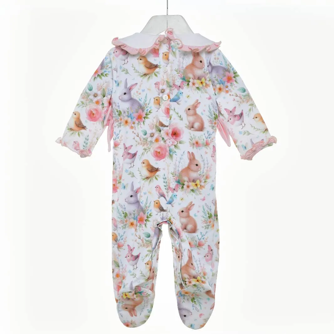Ocean Baby Girls Smocked Floral Bunny & Birds Sleepsuit & Headband Set (NB-18M)