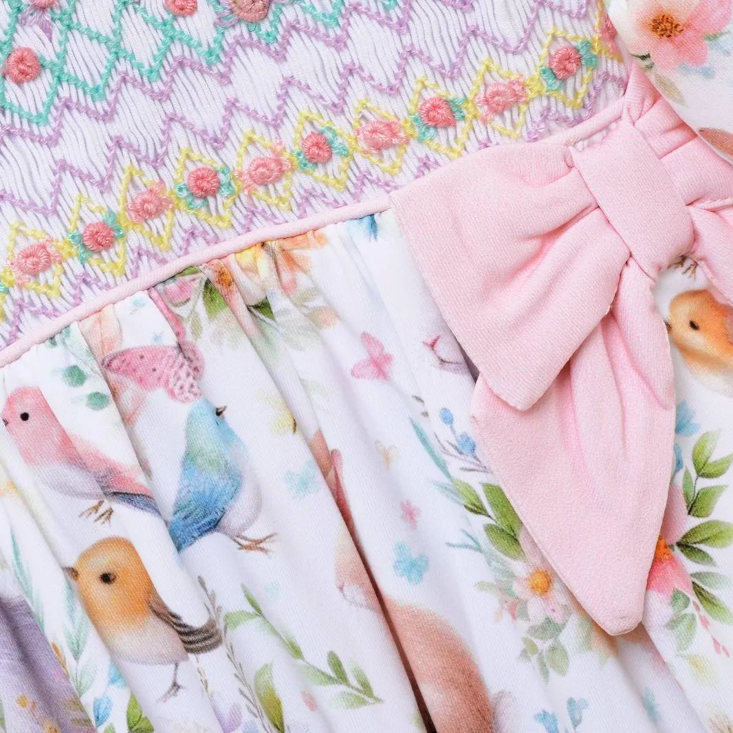 Ocean Baby Girls Smocked Floral Bunny & Birds Sleepsuit & Headband Set (NB-18M)
