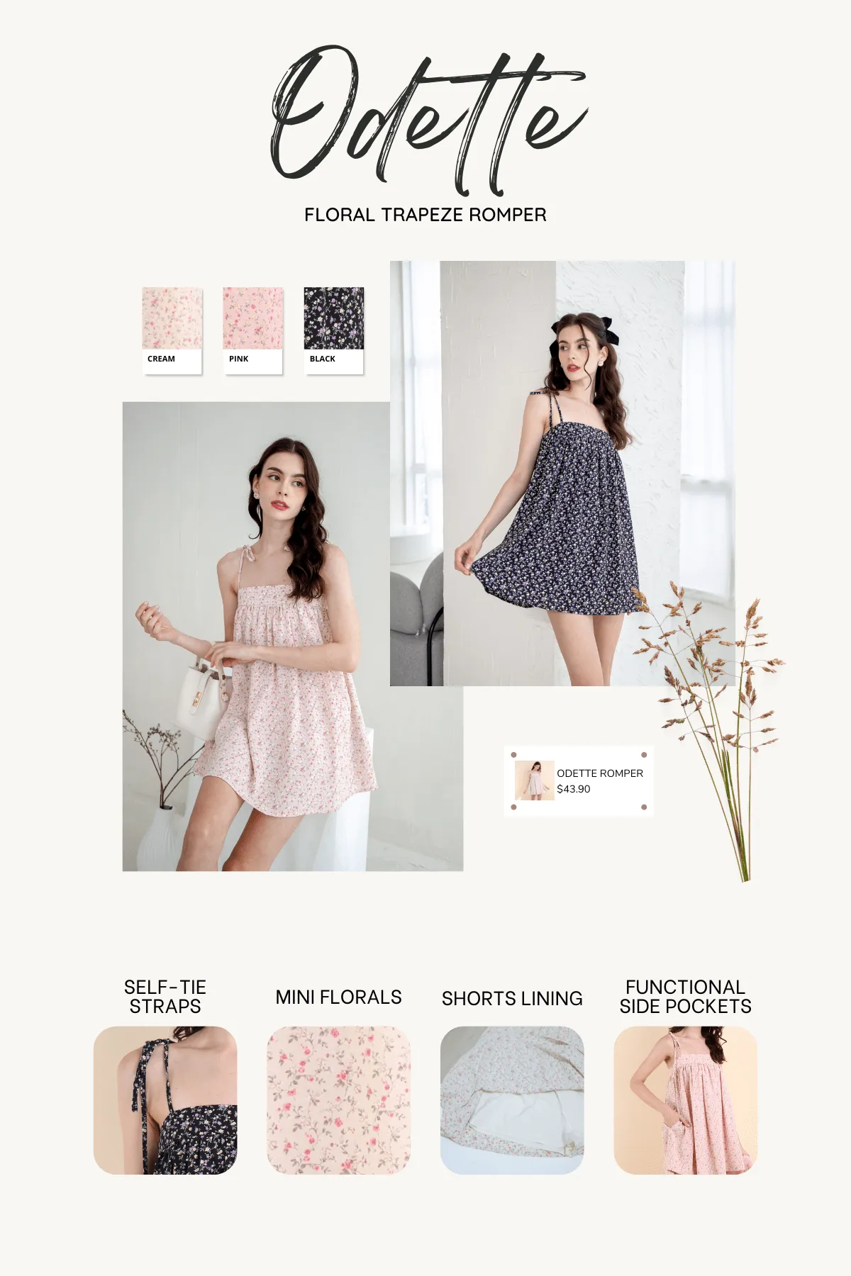 ODETTE FLORAL TRAPEZE ROMPER DRESS IN BLACK