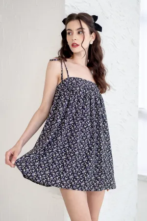 ODETTE FLORAL TRAPEZE ROMPER DRESS IN BLACK
