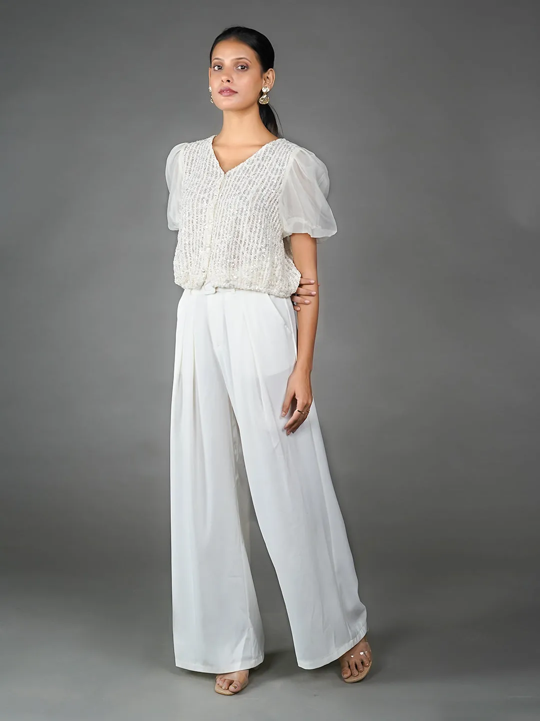 Off White Solid Embellished Basic Top