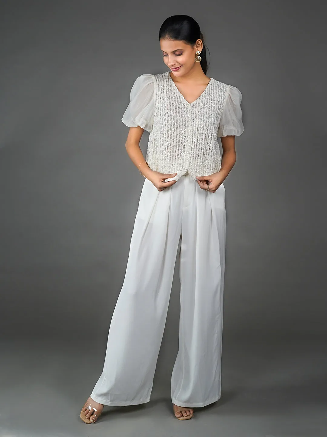 Off White Solid Embellished Basic Top