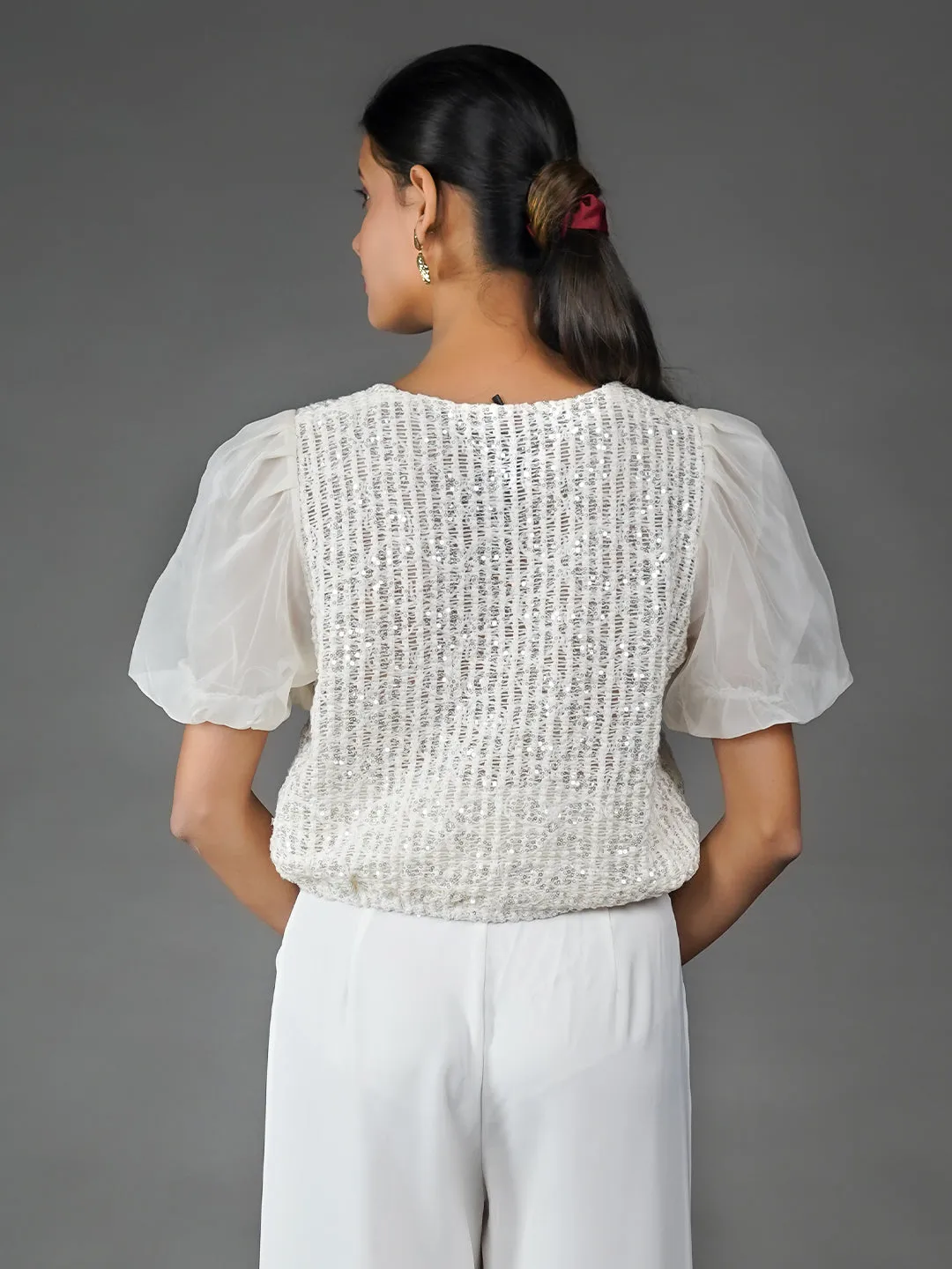 Off White Solid Embellished Basic Top