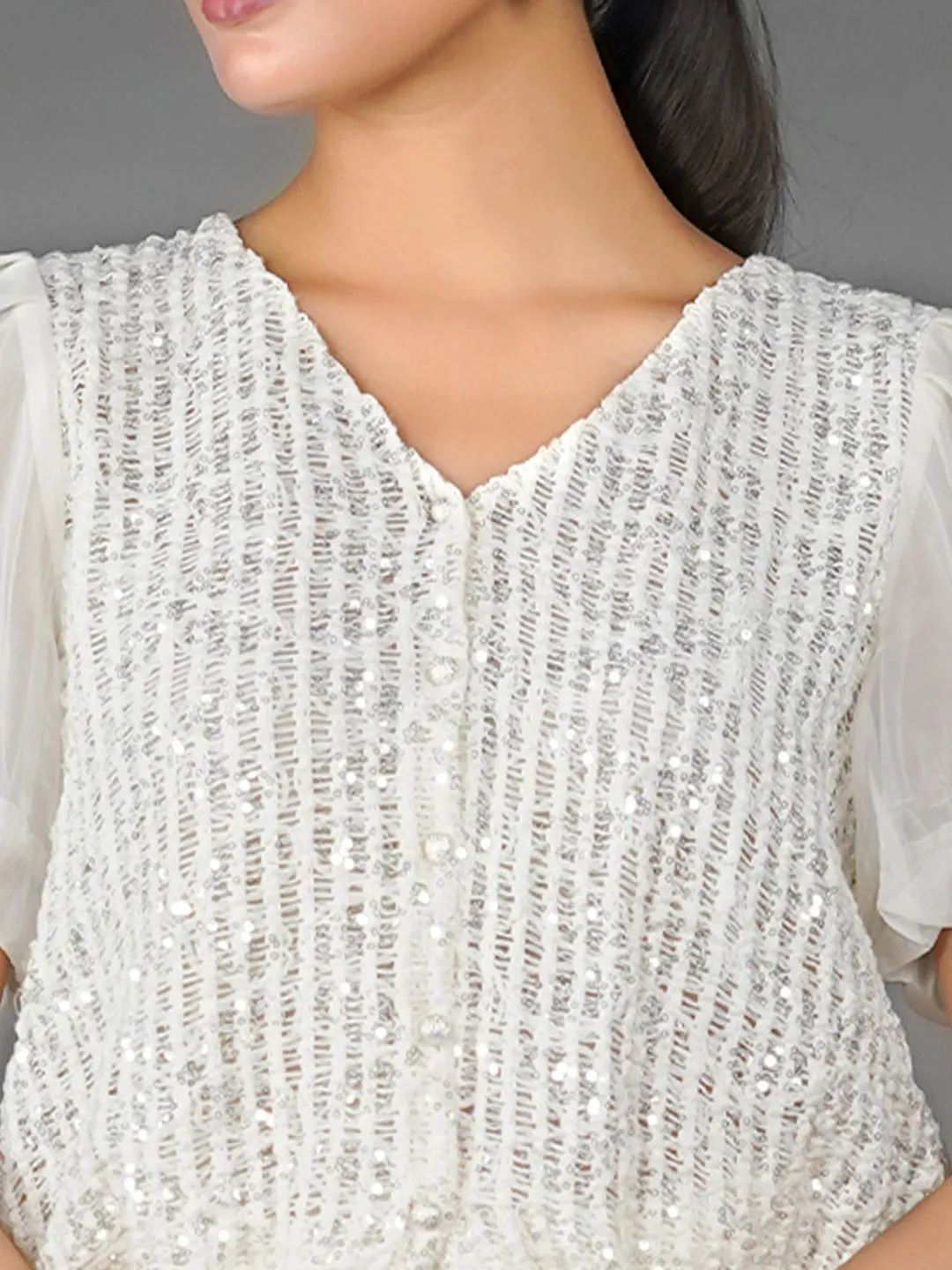 Off White Solid Embellished Basic Top