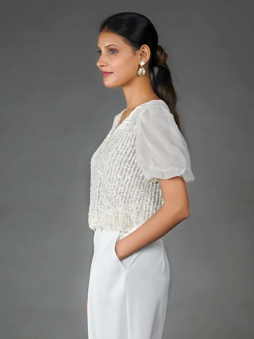 Off White Solid Embellished Basic Top