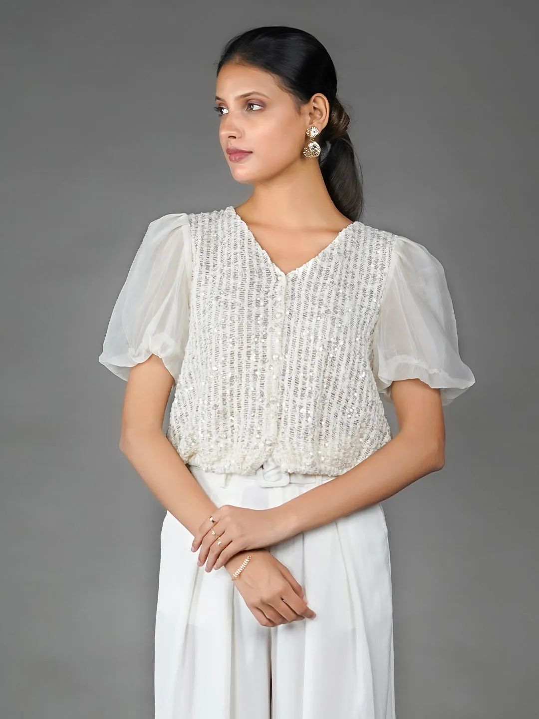 Off White Solid Embellished Basic Top