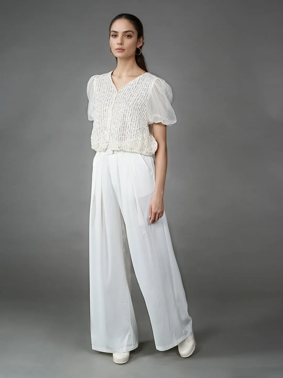 Off White Solid Embellished Basic Top