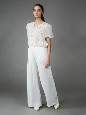 Off White Solid Embellished Basic Top