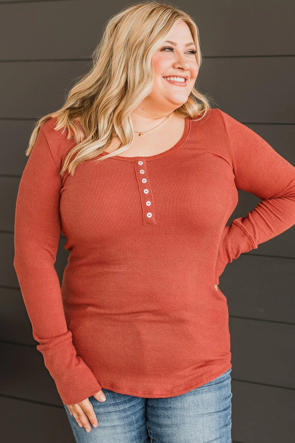 On The Upside Ribbed Knit Top- Brick