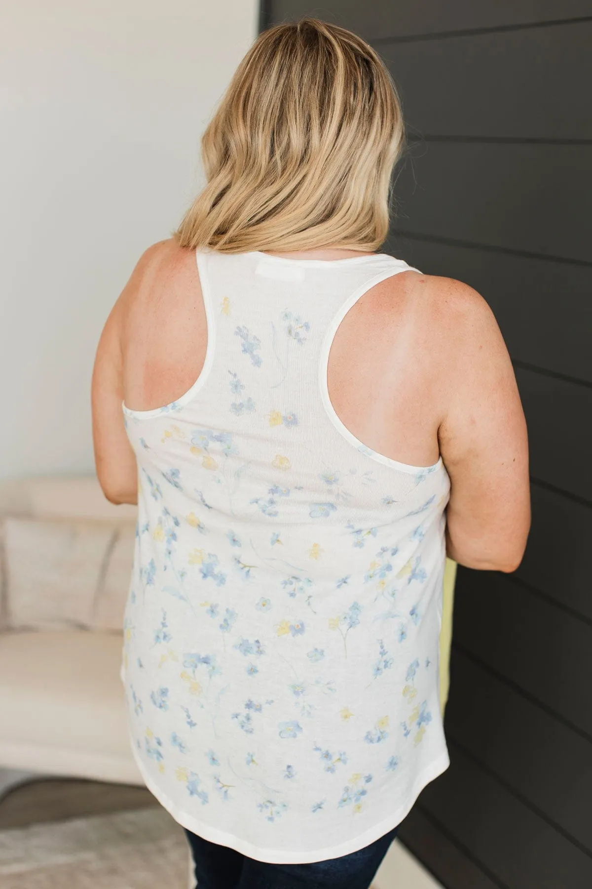Opening Doors Floral Tank Top- Ivory & Blue