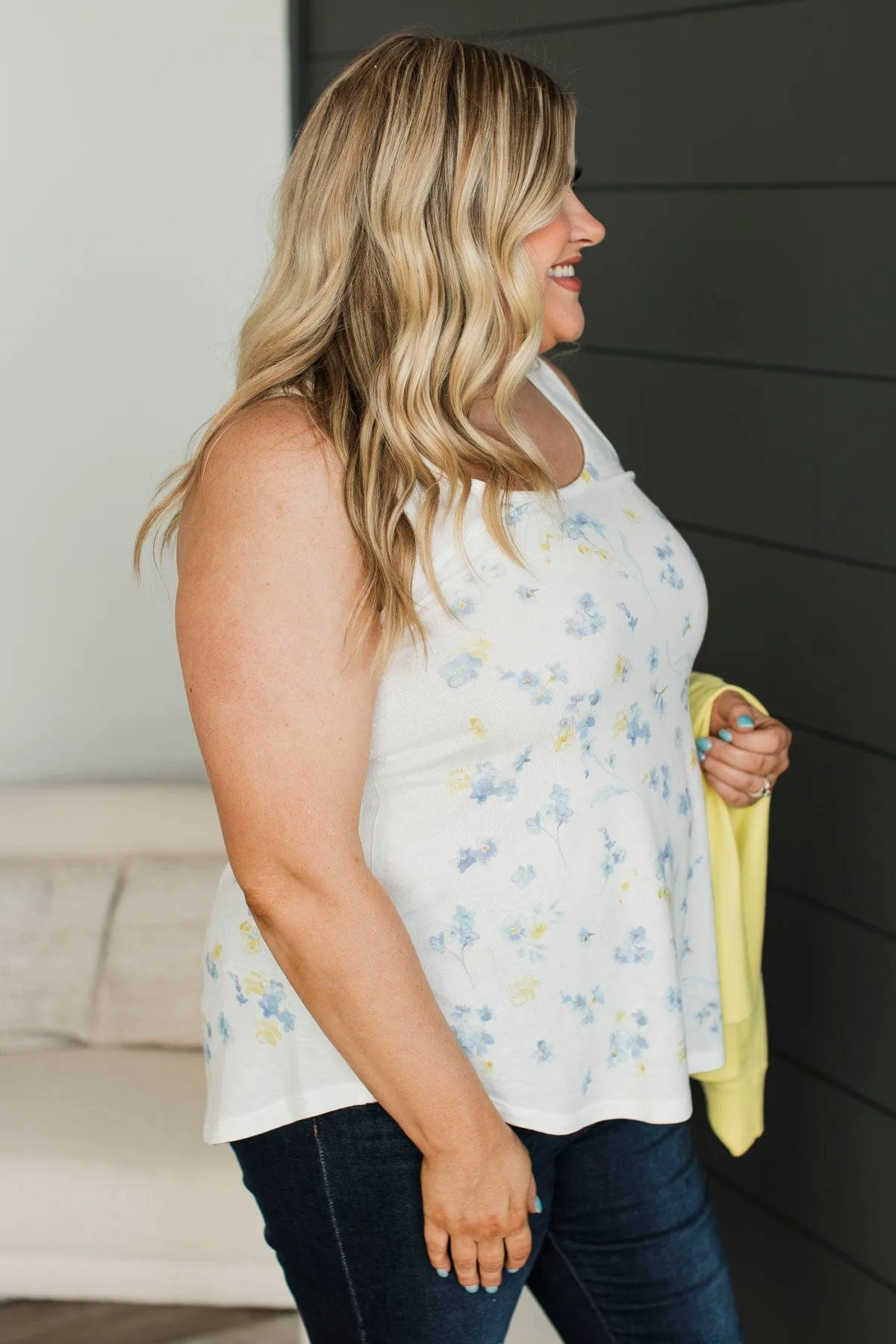 Opening Doors Floral Tank Top- Ivory & Blue