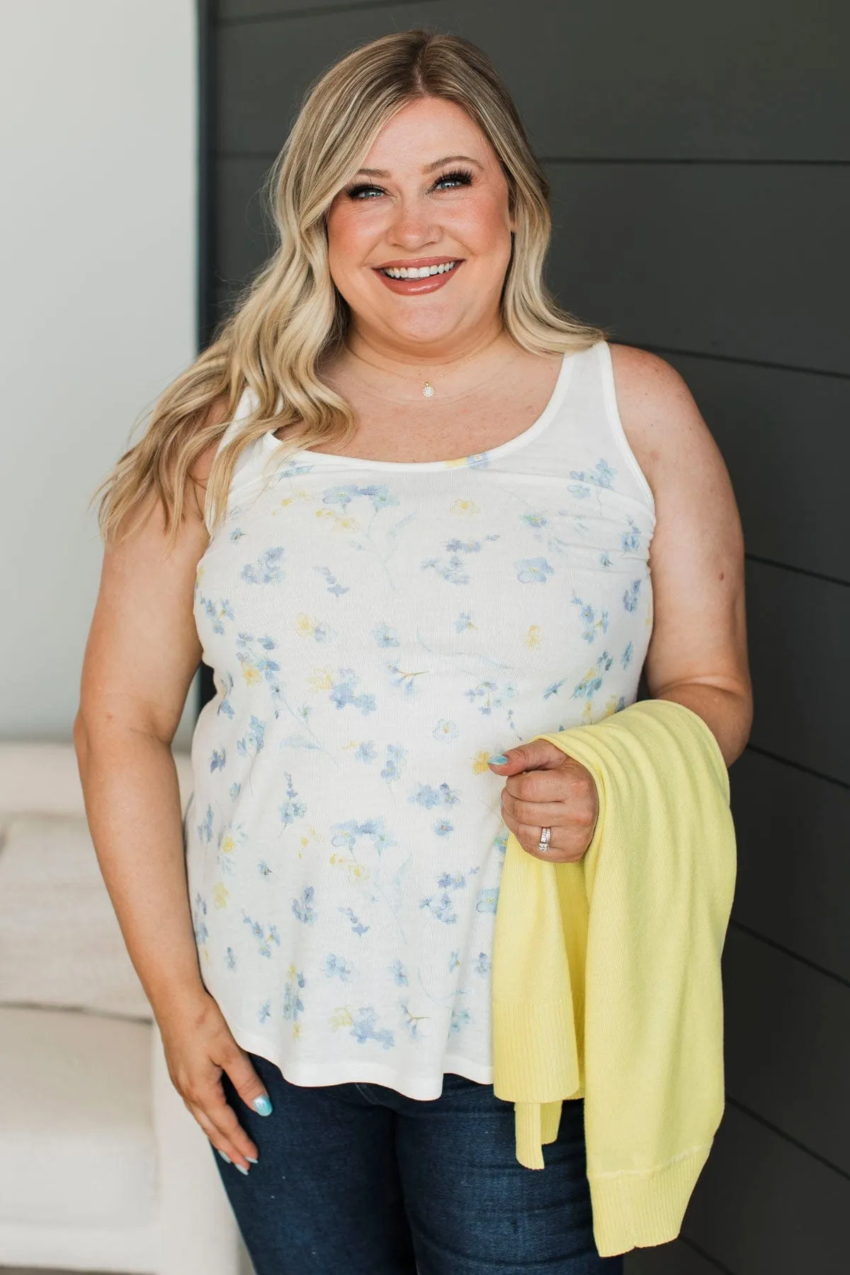 Opening Doors Floral Tank Top- Ivory & Blue