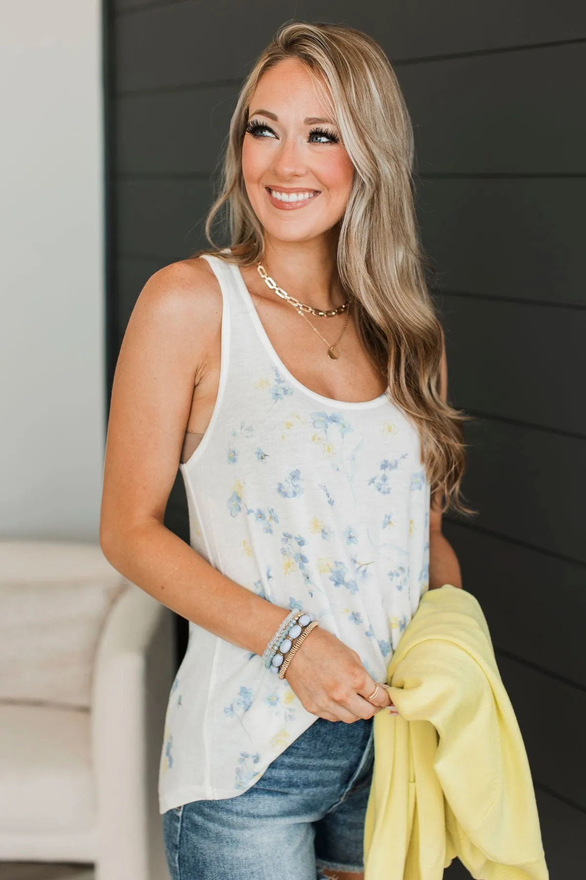 Opening Doors Floral Tank Top- Ivory & Blue