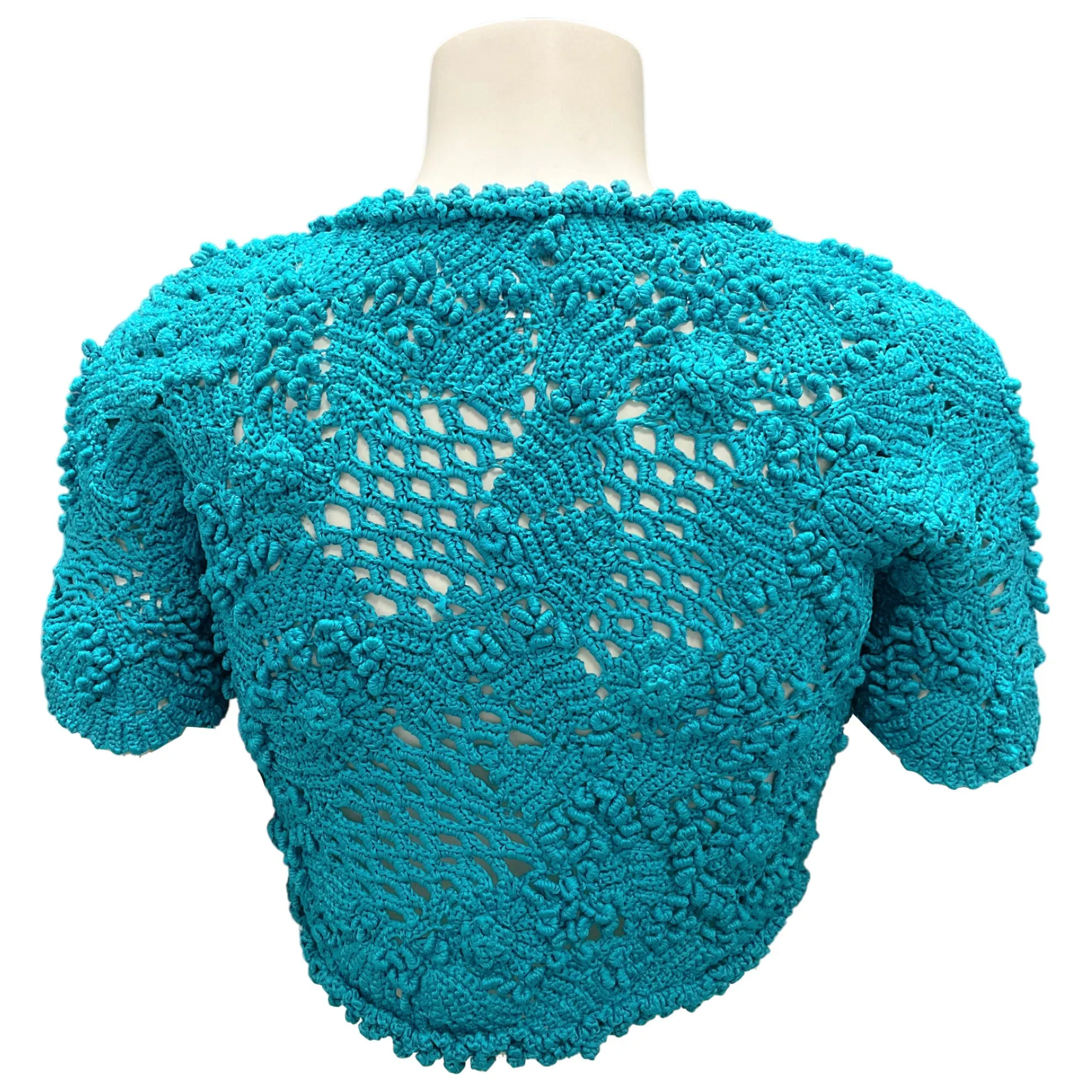 Oscar de la Renta Turquoise Spring 2014 Cropped Silk Crochet Hand Knit Sweater