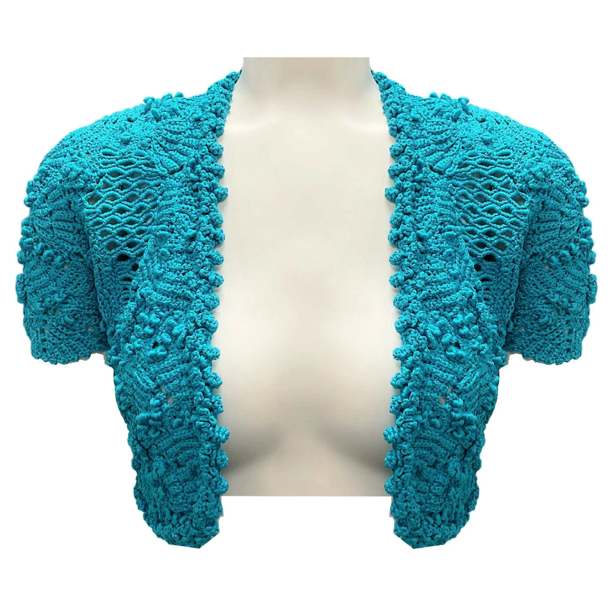 Oscar de la Renta Turquoise Spring 2014 Cropped Silk Crochet Hand Knit Sweater