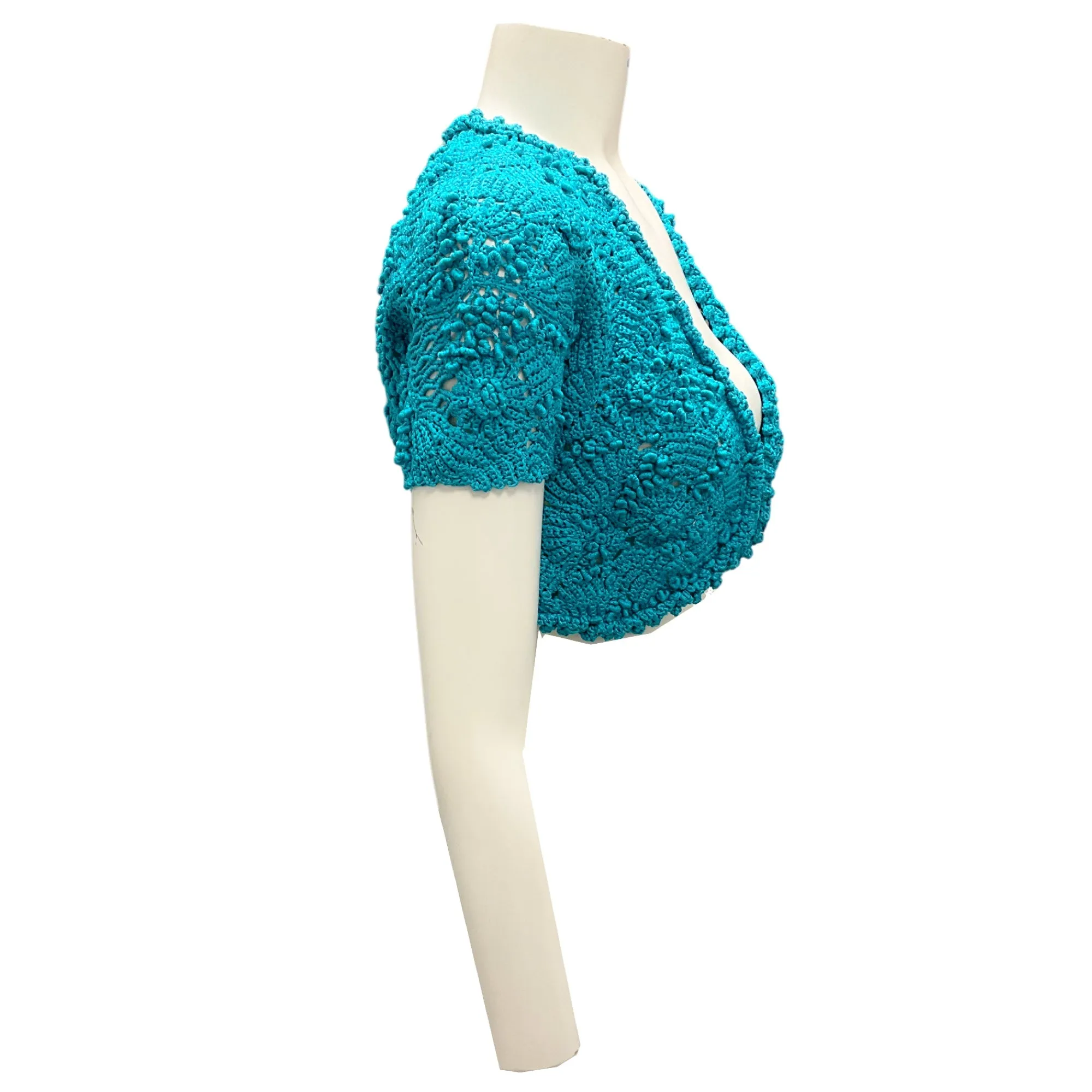 Oscar de la Renta Turquoise Spring 2014 Cropped Silk Crochet Hand Knit Sweater