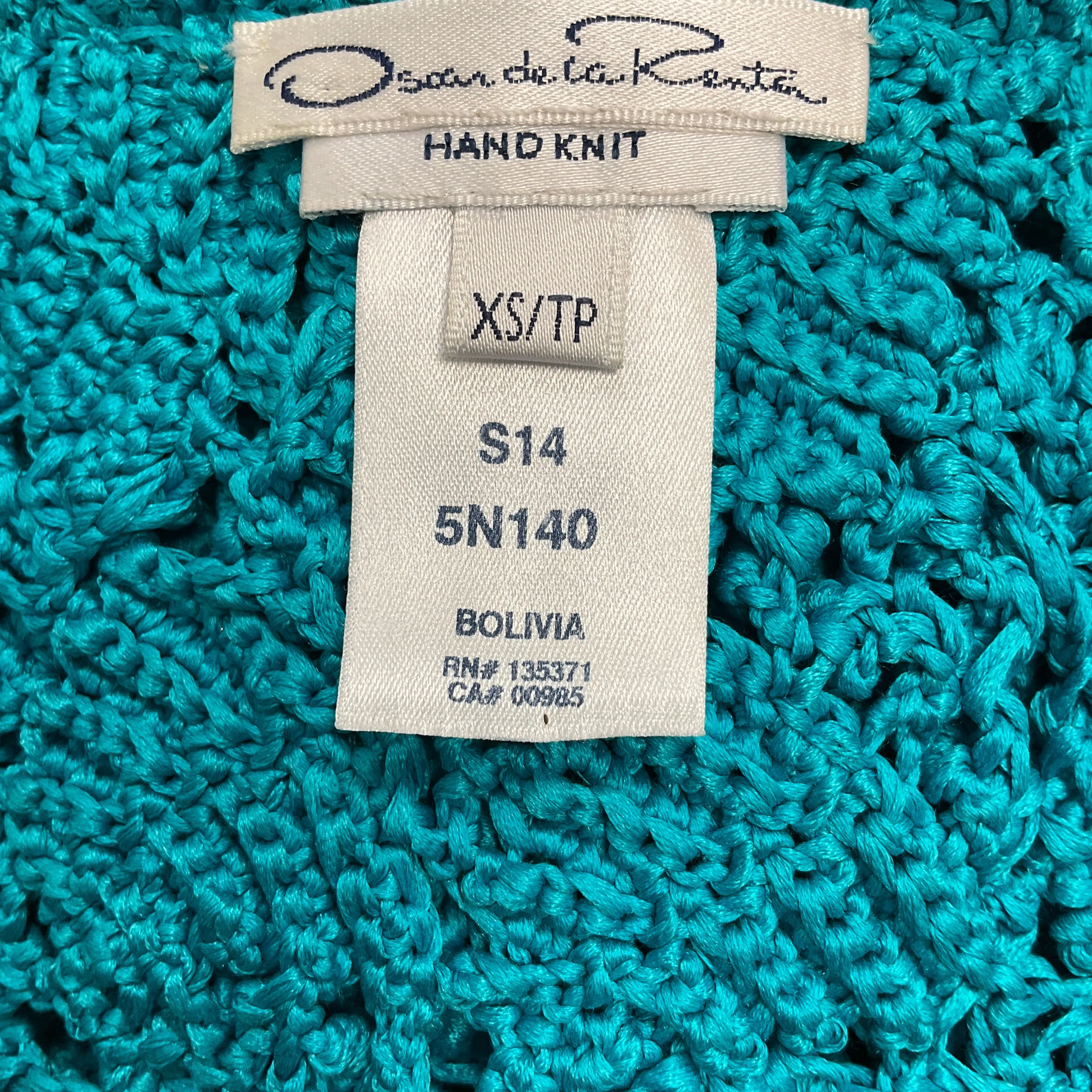 Oscar de la Renta Turquoise Spring 2014 Cropped Silk Crochet Hand Knit Sweater
