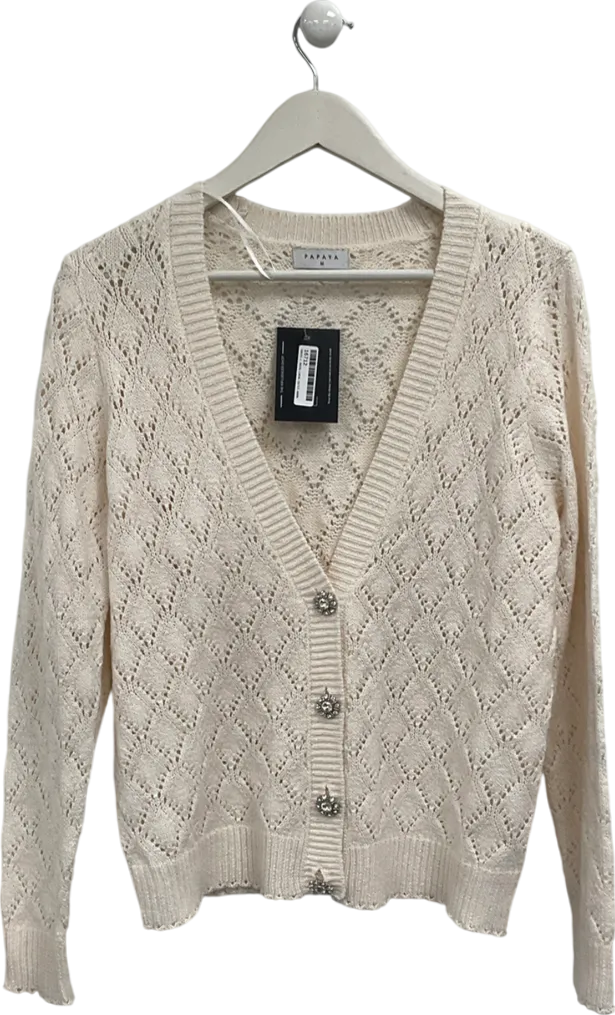 papaya White Crochet-style V-neck Cardigan With Button Closures UK M