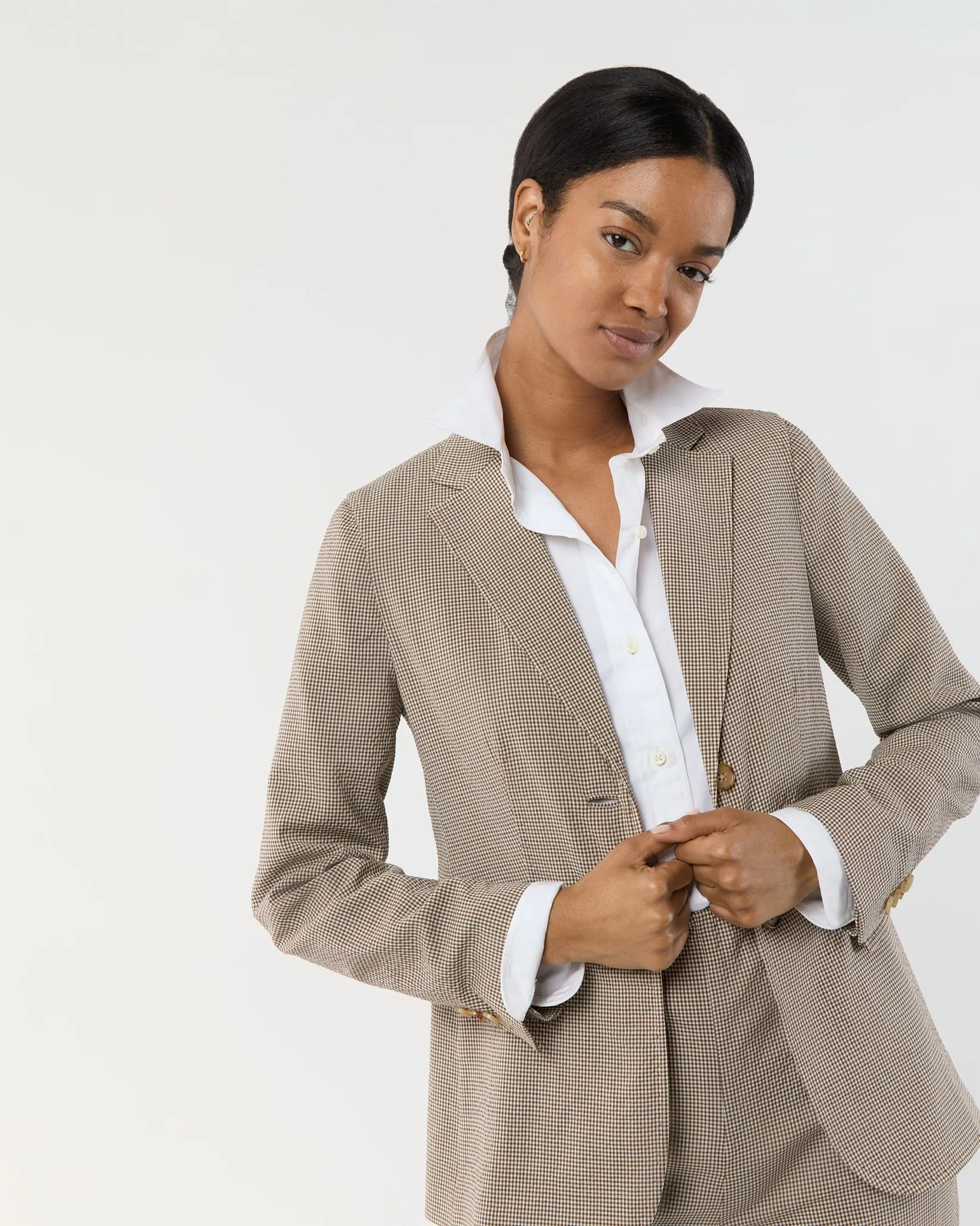 Parker Jacket in Brown Micro Gingham Stretch Seersucker