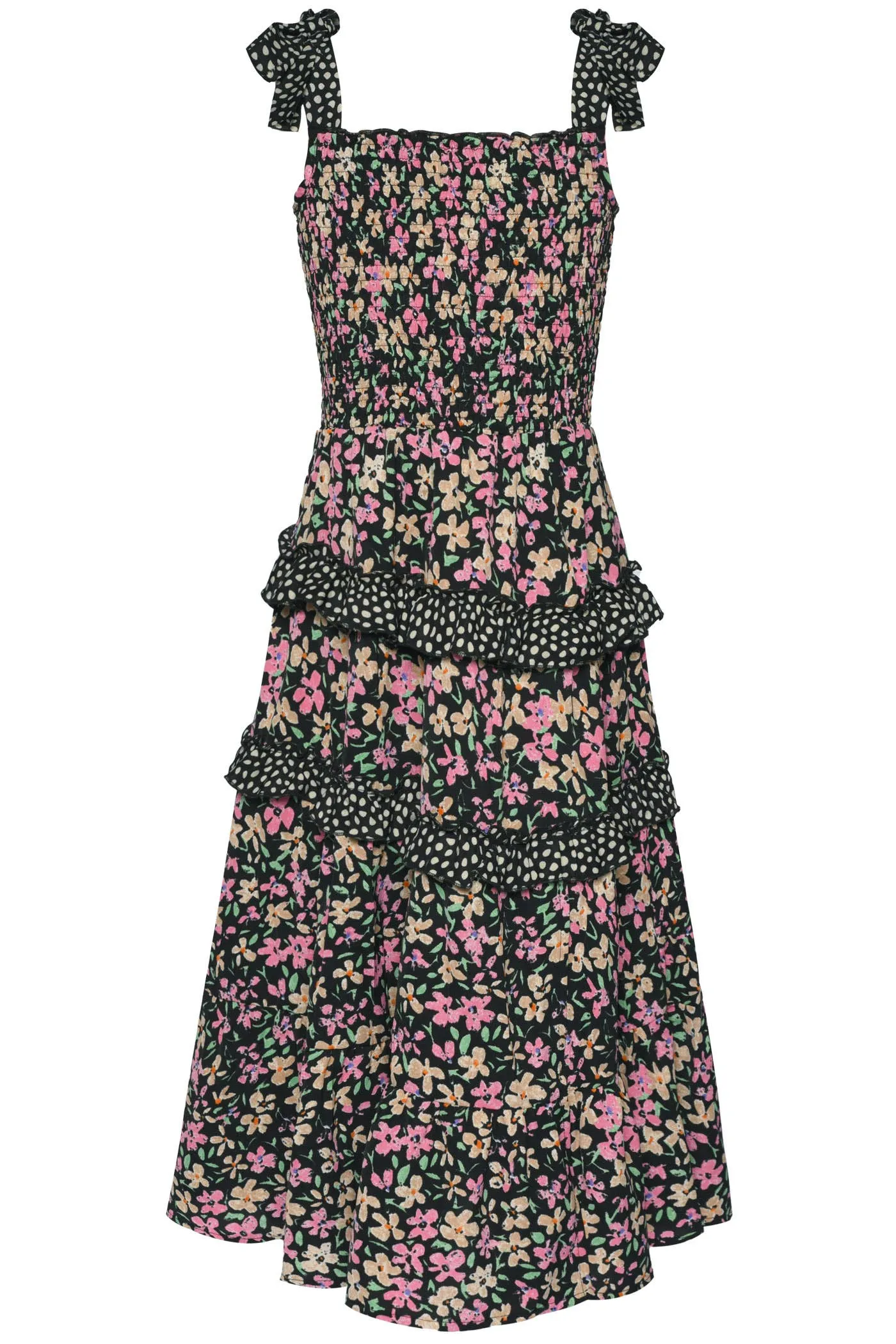 PATIO DRESS W TIERED CONTRAST RUFFLES AND BOW STRAPS