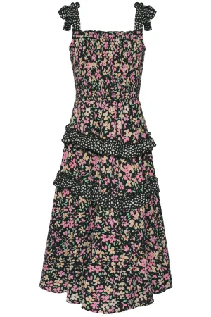 PATIO DRESS W TIERED CONTRAST RUFFLES AND BOW STRAPS