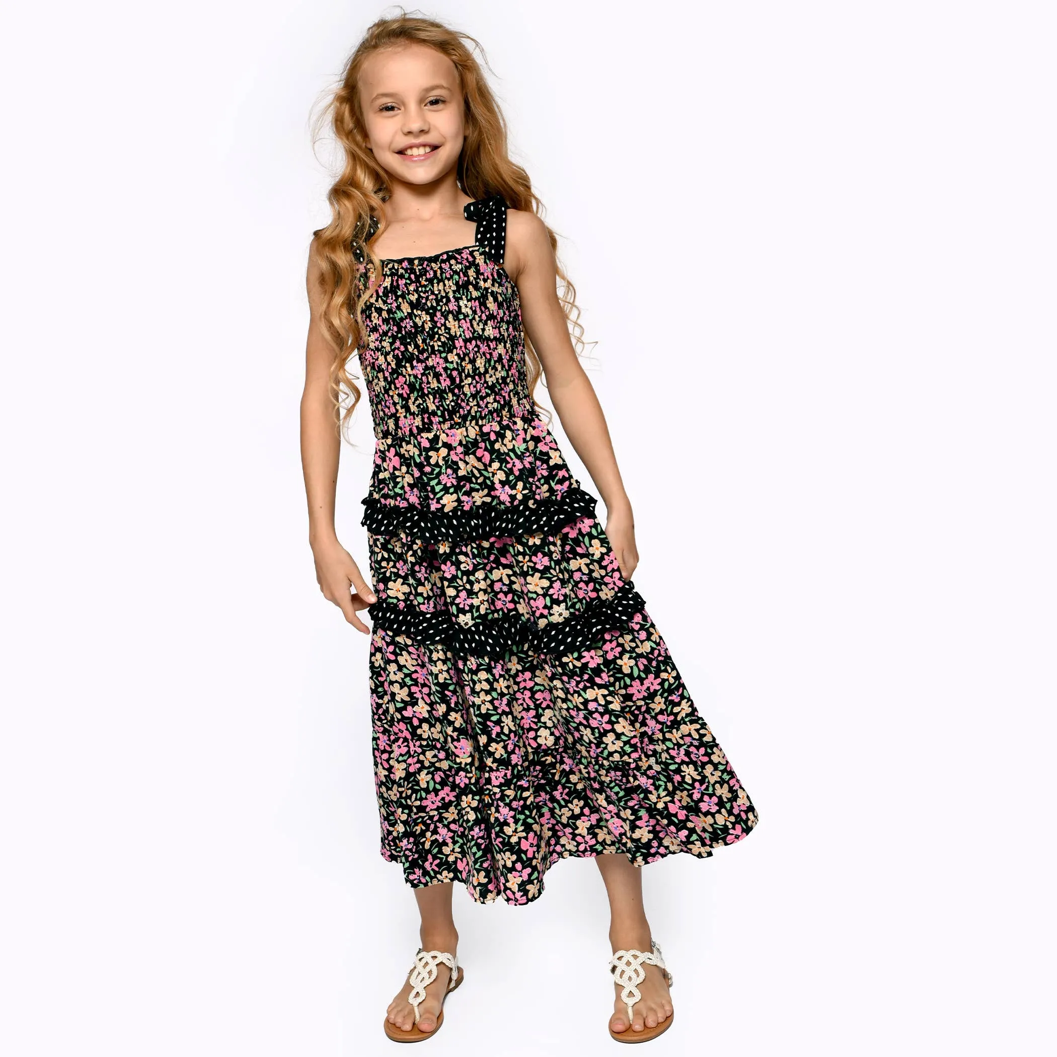PATIO DRESS W TIERED CONTRAST RUFFLES AND BOW STRAPS