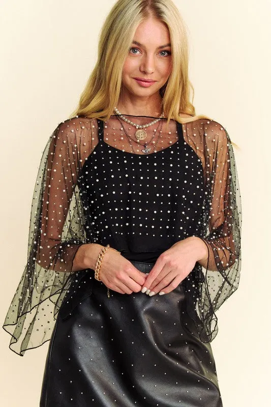 Pearl and Rhinestone Embellished Mesh Topper Cape