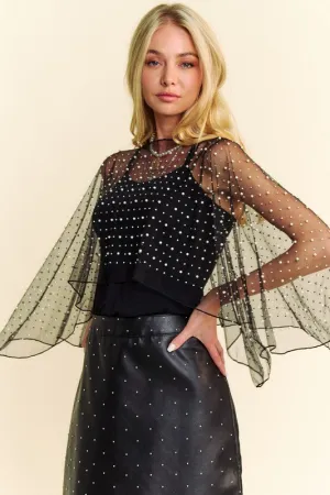 Pearl and Rhinestone Embellished Mesh Topper Cape