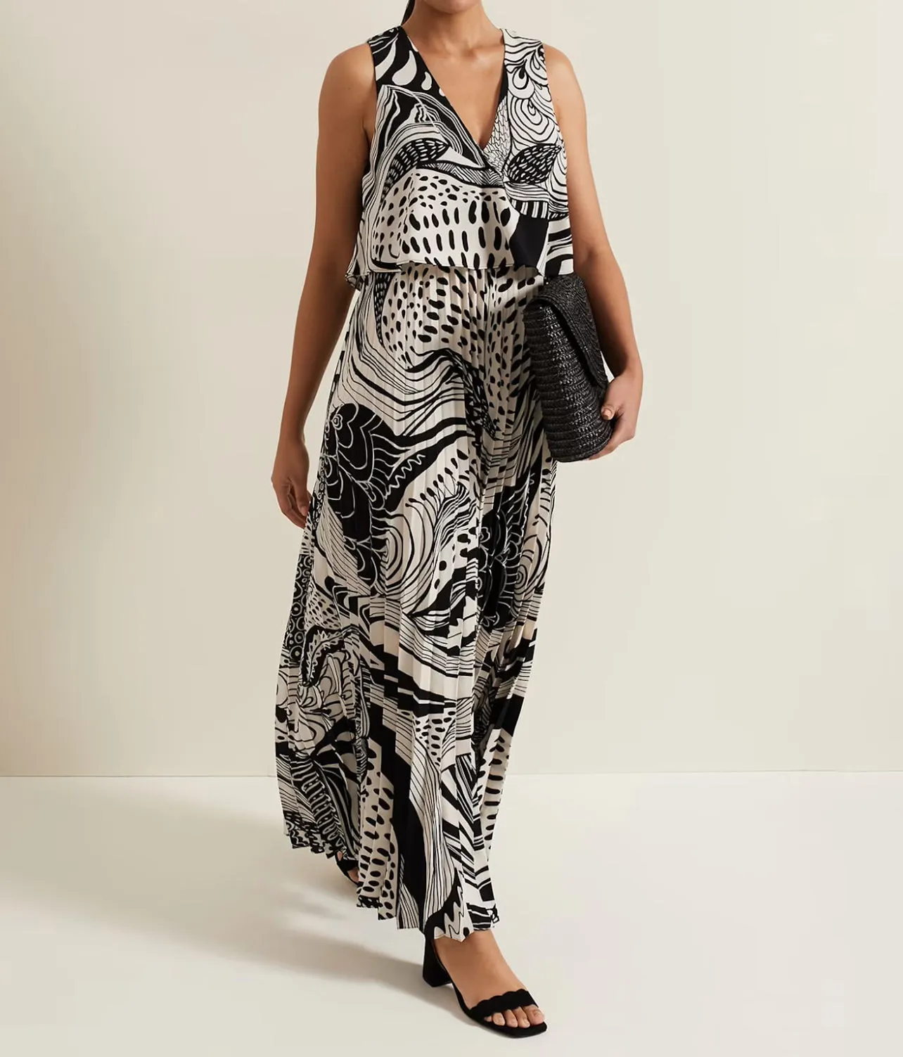 Phase Eight Black Saskia Pleated Wide Leg Jumpsuit, Black/cream UK 10