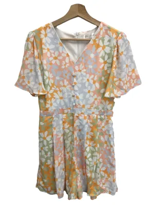 Pink Blue Floral V Neck Romper