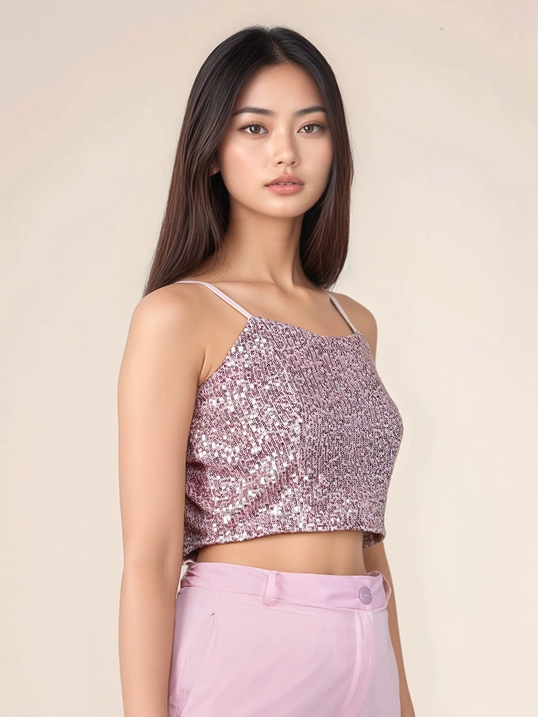 Pink Embellished Sleeveless Crop Top