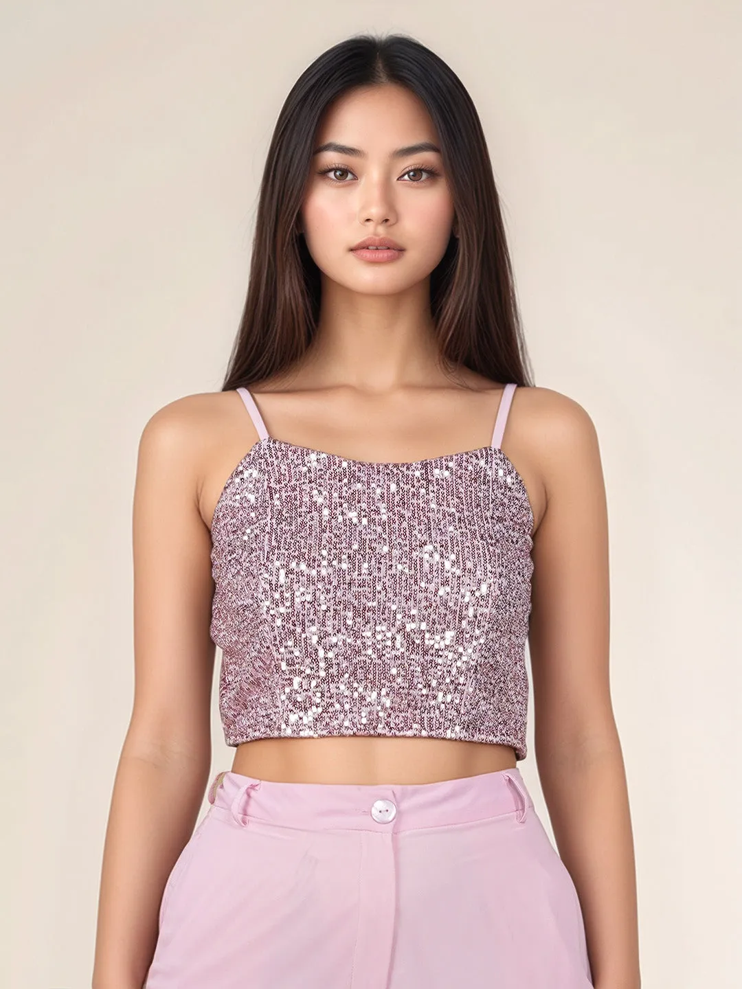 Pink Embellished Sleeveless Crop Top
